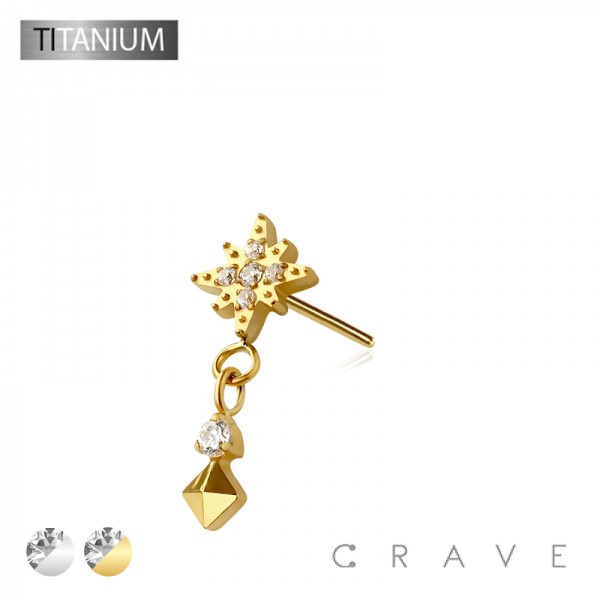 IMPLANT GRADE TITANIUM THREADLESS PUSH IN STARBURST PYRAMID DANGLE CZ TOP PART